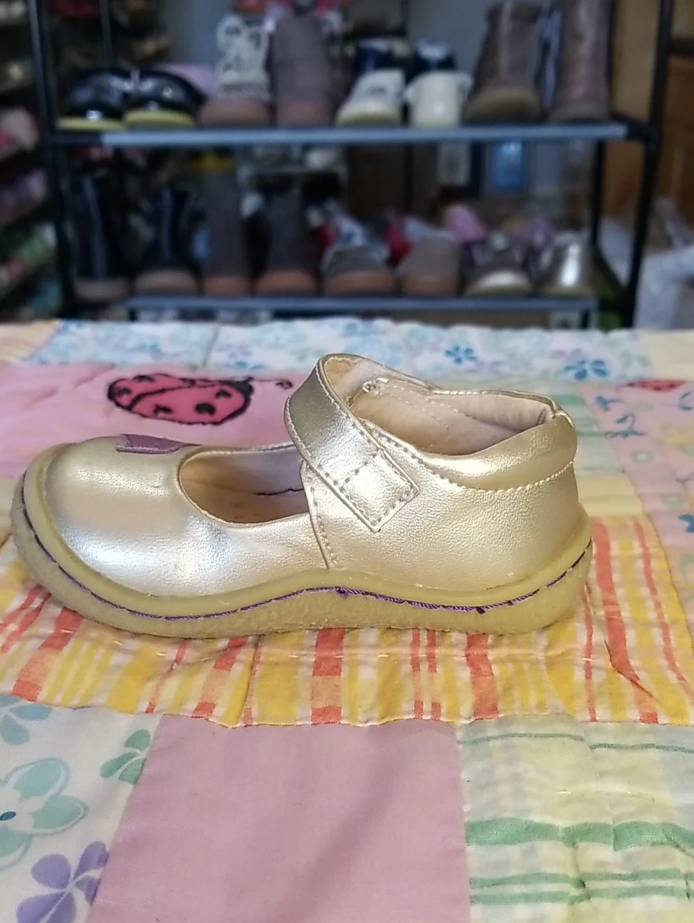 Livie & Luca Metallic Leather Mary Janes with Purple Bird Size 4 Pio Pio